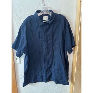 Scotch & Soda Mens XXL Navy Blue Linen Blend Pintuck Short Sleeve‎ Button Shirt